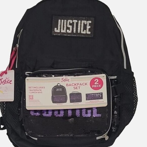 Justice 2 Piece Full Size Black/Purple Backpack Set NEW - Picture 1 of 6